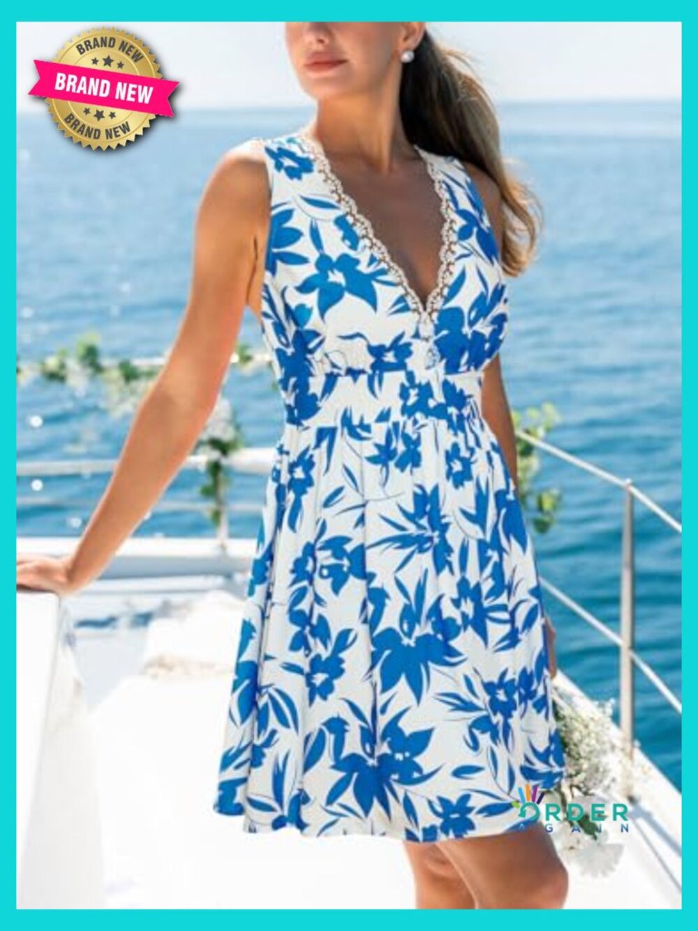 Women Ruffle Summer Dress Plunge V Lace Neck Smocked Waist Mini Beach Vacation - Picture 4 of 6